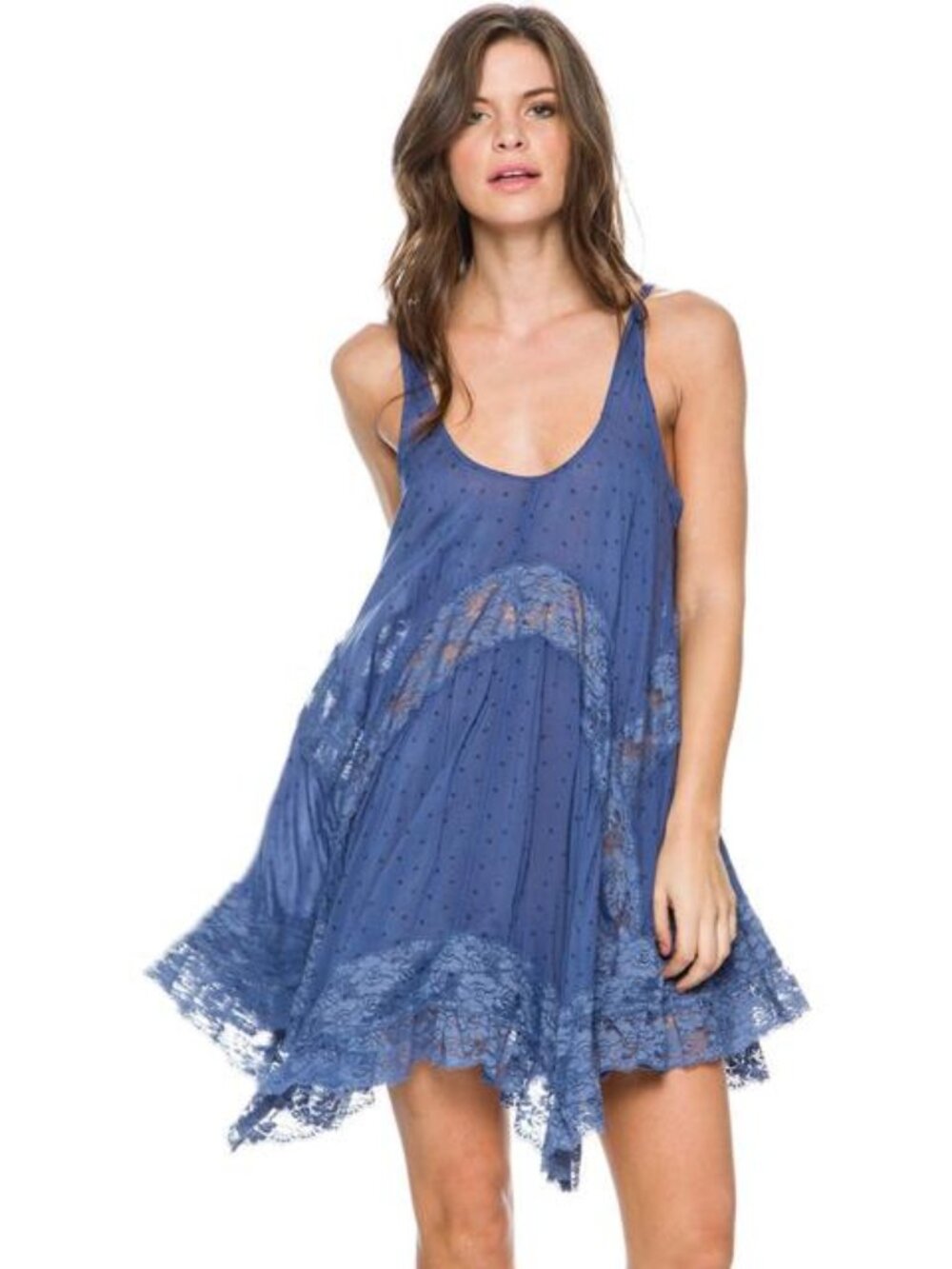 Free People Intimately Slate Blue Lace Trim Dobby Dot Babydoll Slip Tank S